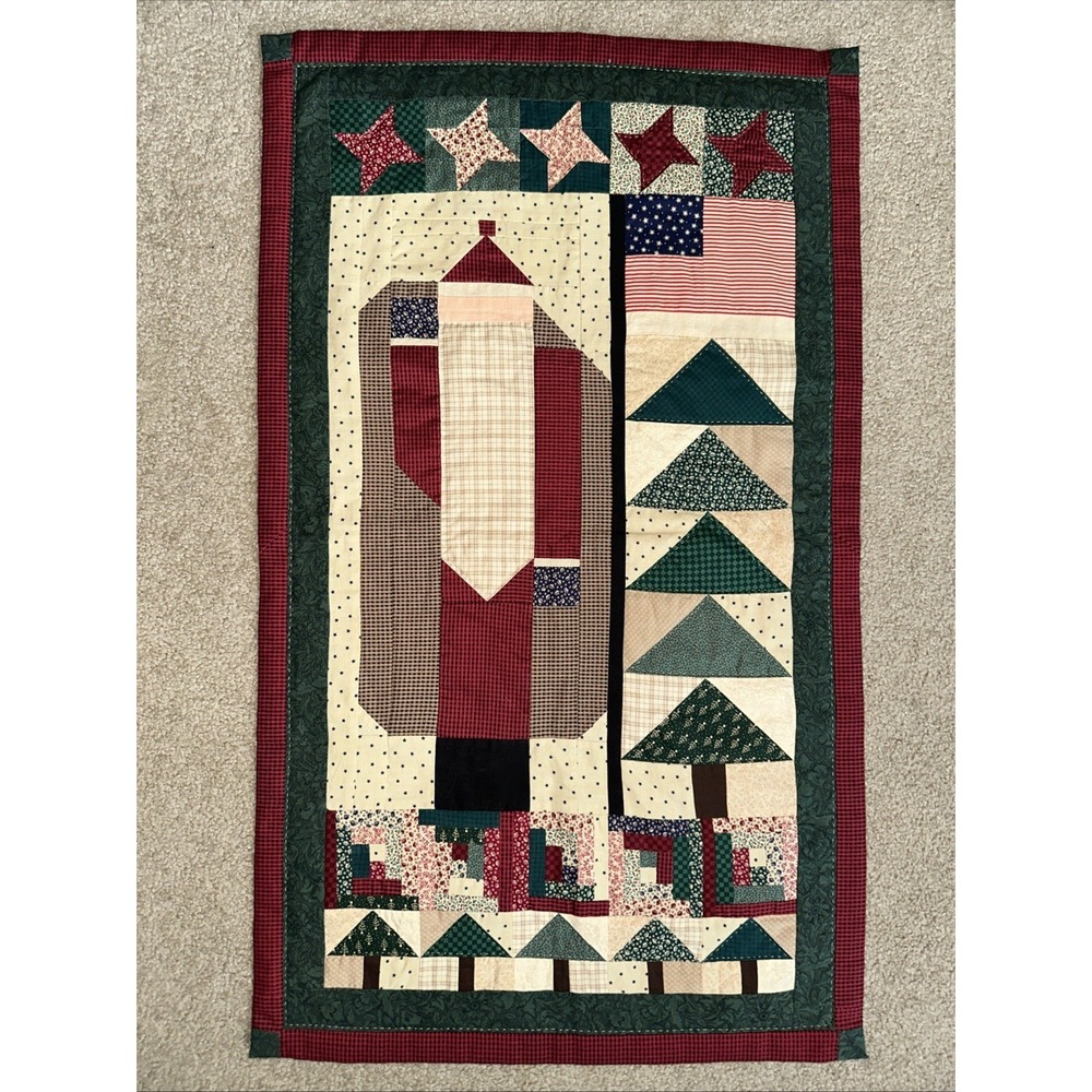 Handmade Patriotic Santa Christmas Quilt Wall Hanging Americana Country Farmhous